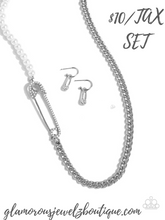 Load image into Gallery viewer, Safety Pin Style - White Necklace & Safety Pin Sentiment - White Earrings 2 Piece Set