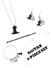 Load image into Gallery viewer, Boot Scootin Necklace, Rodeo Royalty Earrings & Western Waltz Bracelet - Piece Set - Black