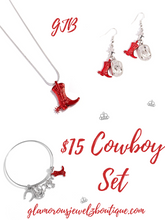 Load image into Gallery viewer, Boot Scootin Necklace, Rodeo Royalty Earrings &amp; Western Waltz Bracelet - Piece Set - Red
